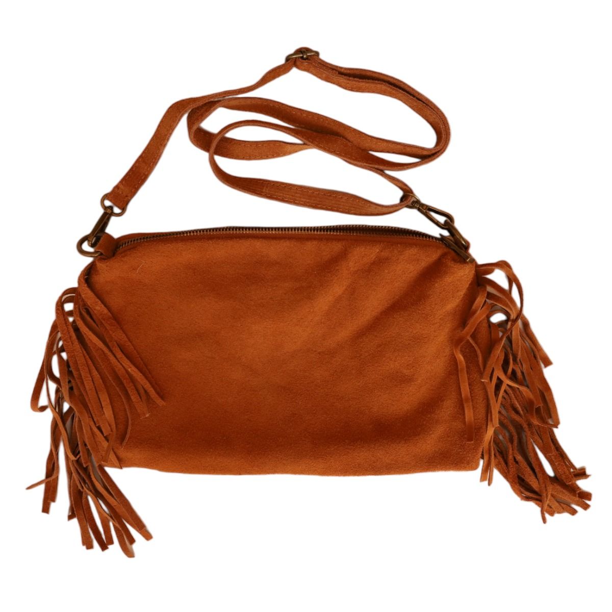Sac à mains à franges daim camel Maison Suzanne