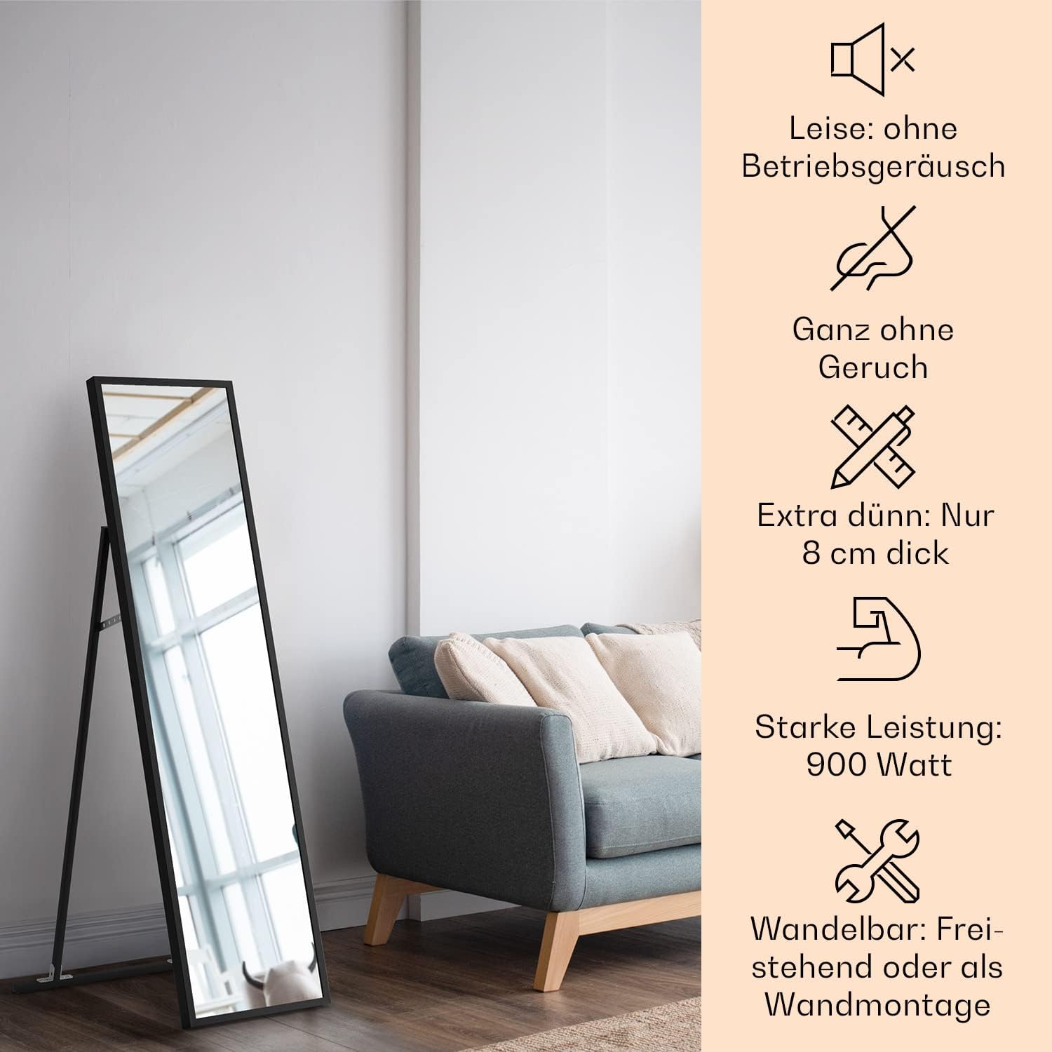 Klarstein Infrarotheizung, Infrarot Spiegelheizung Standgerät, Infrarotheizung mit Thermostat, Heizung mit Erkennung Offener Fenster & App-Control, Heater CO2-Frei, IP24 Infrarot Heizgeräte, 900 W