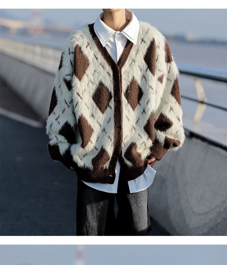 jaywoon - Argyle V-hals oversized pluizige cardigan
