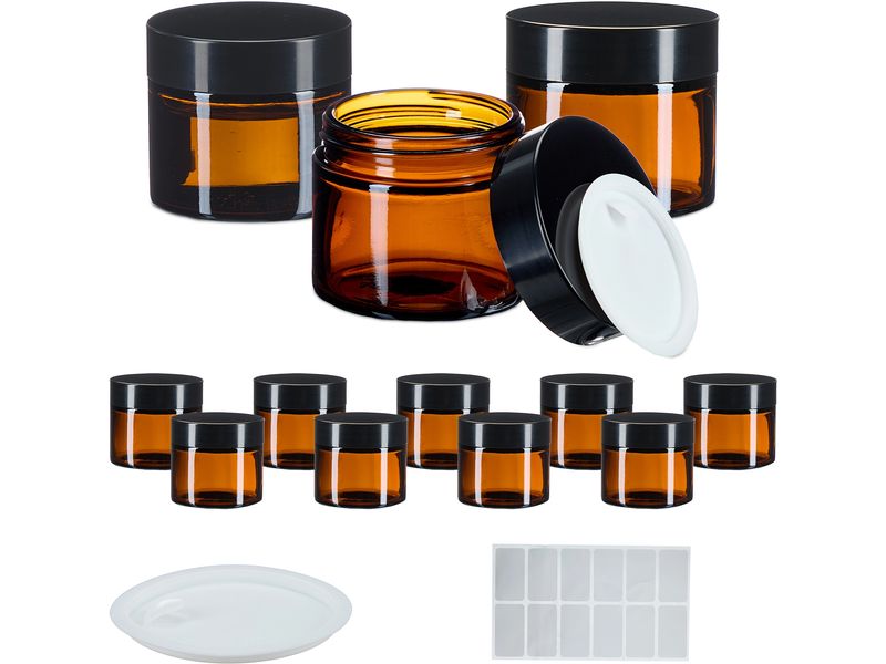 relaxdays Braunglas Salbentiegel 60 ml, 12 Stück Zur Aufbewahrung von selbst gemachten Cremes, Salben oder ätherischen Ölen