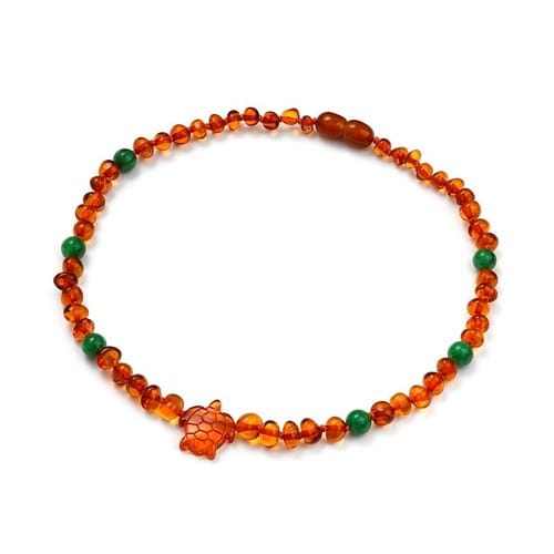 Collier 34 cm tortue ambre et jade
