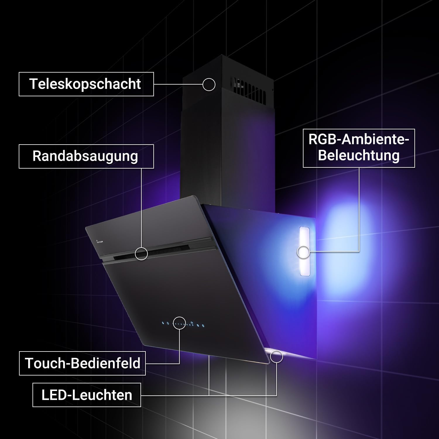 KKT KOLBE A+++ Dunstabzugshaube 60 cm 782 cbm/h Umluft Abluft Kopffrei Wandhaube | Schwarz | Glas | Nachlaufautomatik | Smart WiFi App WLAN | SensorTouch | RGBW LED-Beleuchtung | AURORA6005FB