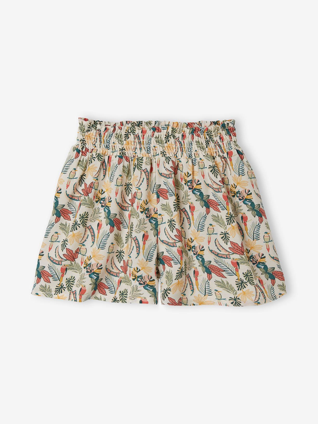 Shorts fluidos com efeito saia e cós franzido, para meninas, estampa bege tamanho médio