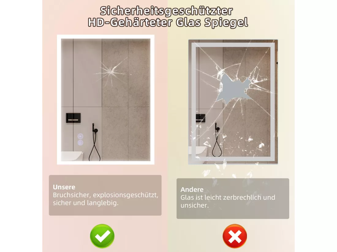 NETTLIFE Miroir avec lumière - 60x80cm Miroir mural LED Verre antidéflagrant Miroir de salle de bain avec miroir tactile