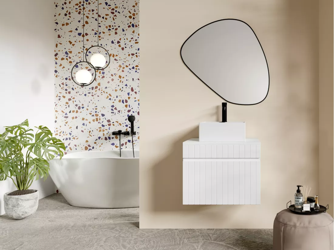Meuble de salle de bain suspendu strié blanc avec vasque carrée à poser - 60 cm - SATARA