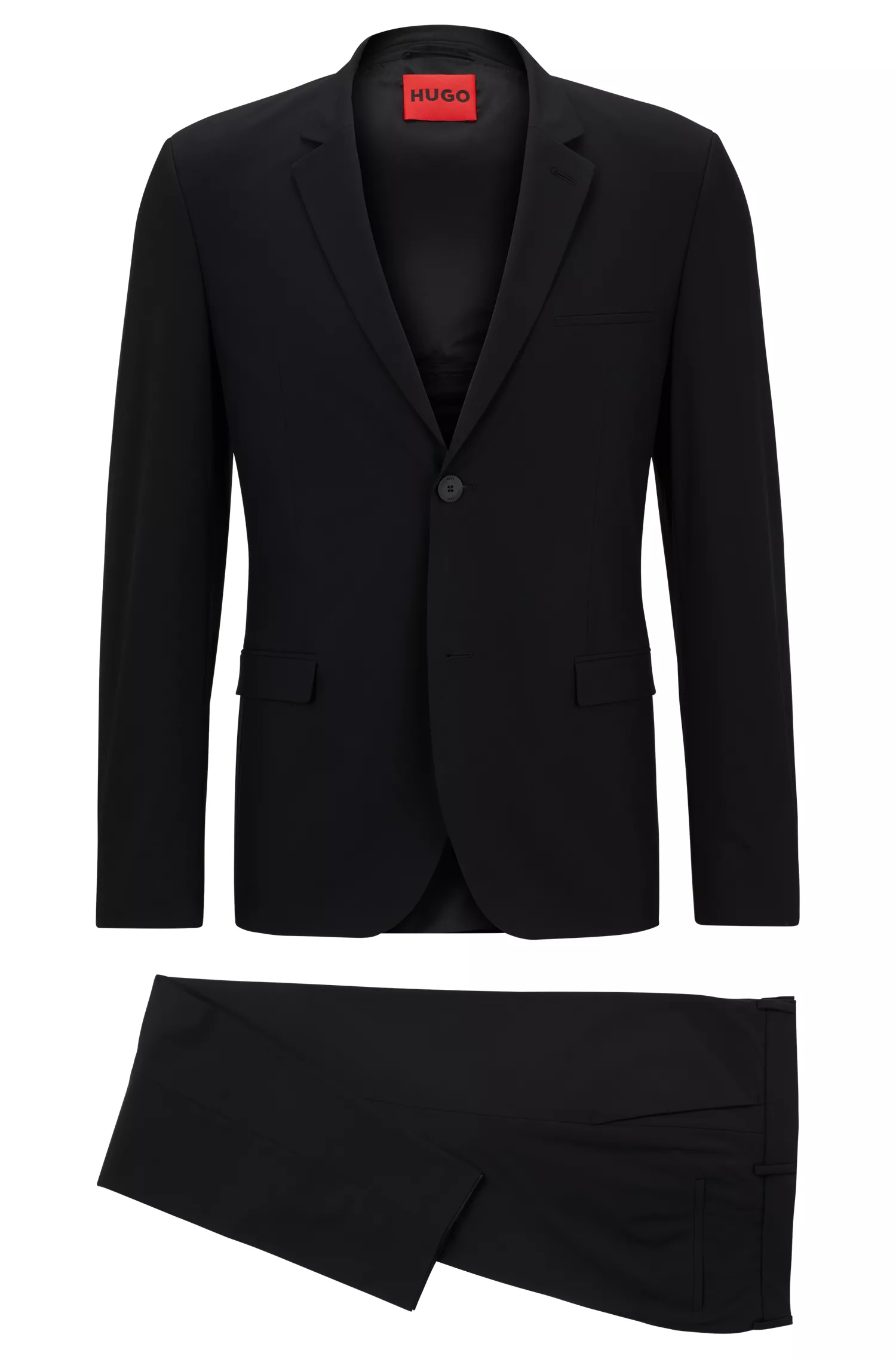 Terno HUGO vermelho, dobrável e extra-slim em tecido elástico de alta performance.
