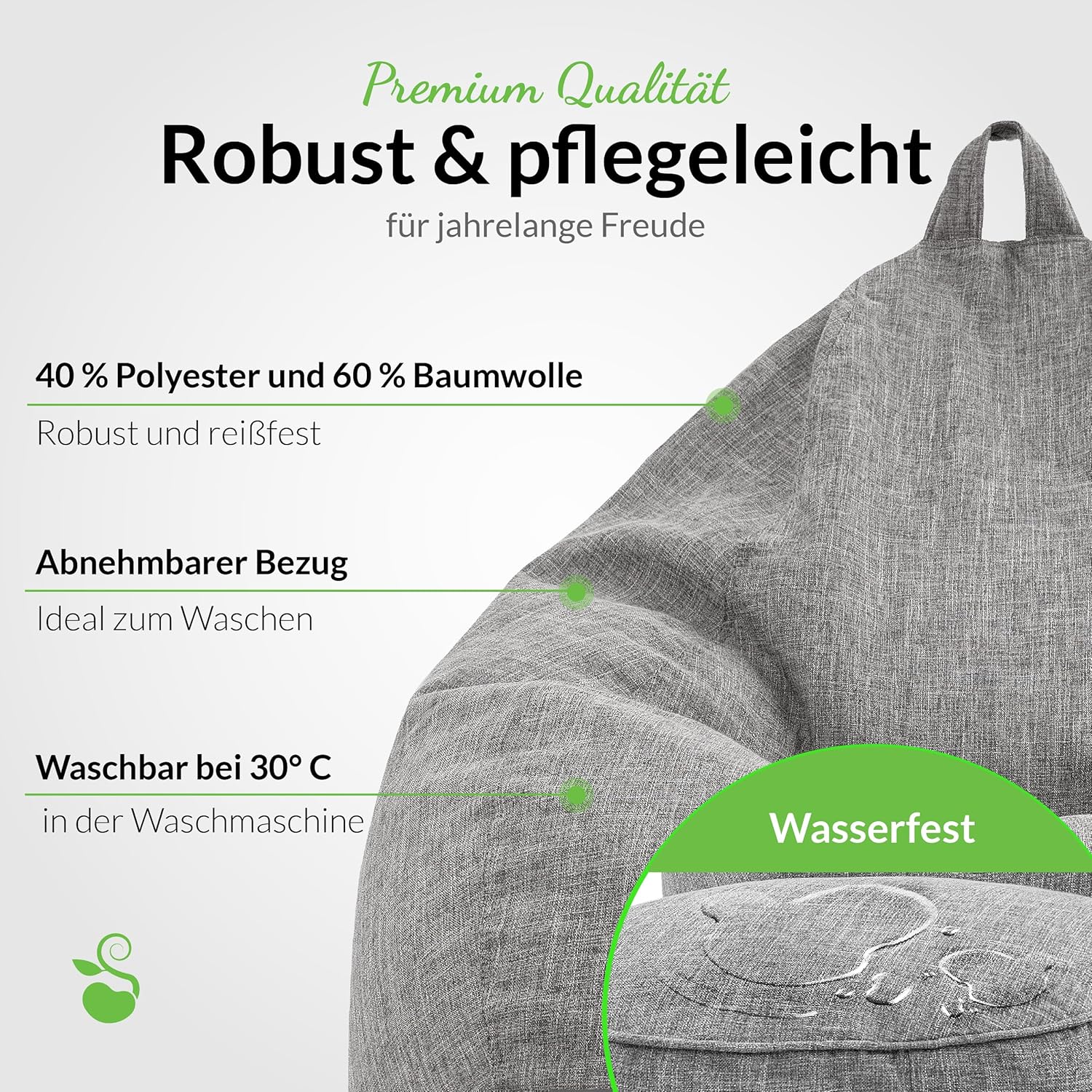 Green Bean Indoor XXL Sitzsack Home Linen + Hocker mit EPS-Perlen Füllung - Sitz-Pouf Bodenkissen Liegekissen Sitzkissen Lounge Chair Sitzhocker Relax-Sessel Bean Bag Silber Grau