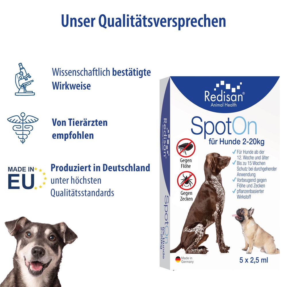 Redisan® Spot on Hund - Pflanzenbasiertes Zeckenmittel - OHNE CHEMIE - Effektiver Schutz vor Zecken, Flöhen und Insekten - Zeckenschutz Hund ohne Nebenwirkung - Bis zu 15 Wochen Schutz