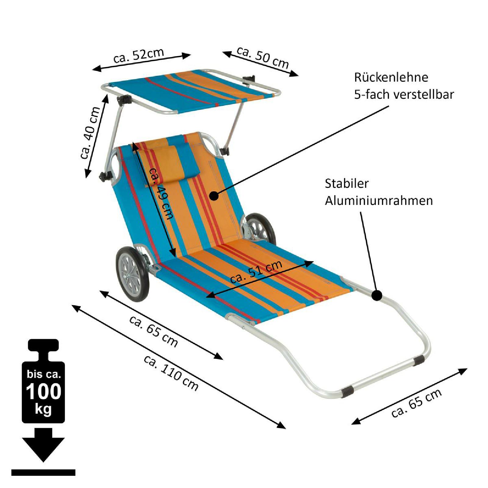 VCM Strandliege Sonnenliege Transportliege Gartenliege mit Räder und Sonnendach Bunt