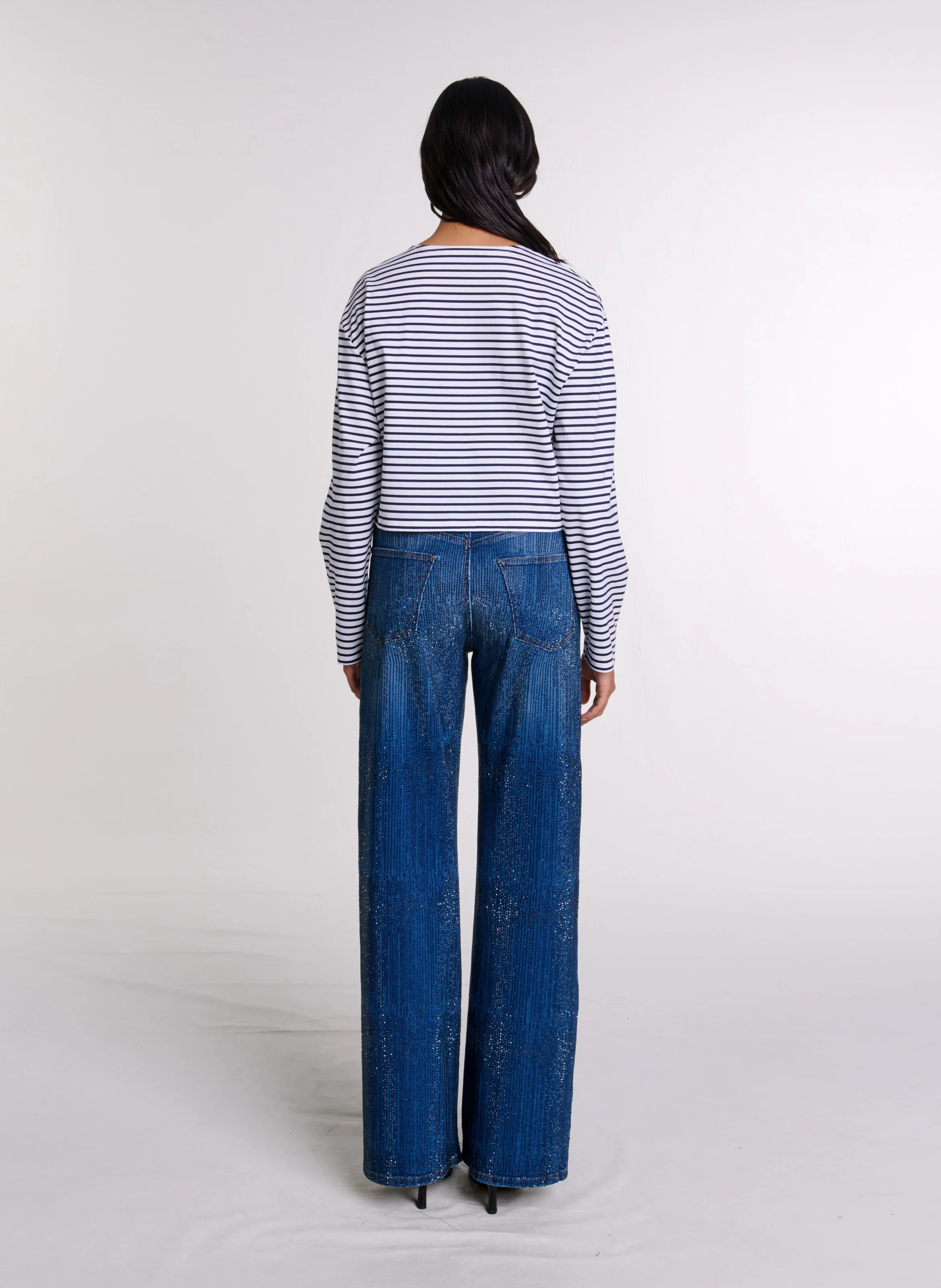 Tee-shirt col rond droit en coton rayé | Bleu