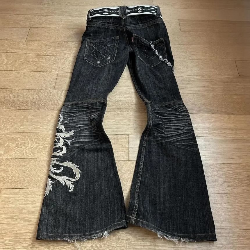 Jerolenea - Lage taille geborduurde gescheurde gewassen flared jeans