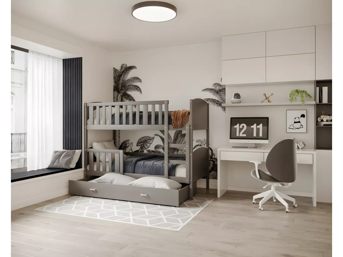 Lit superposé Tedy 90X190 cm - 2 Matelas , 2 Sommiers et Tiroir inclus Gris