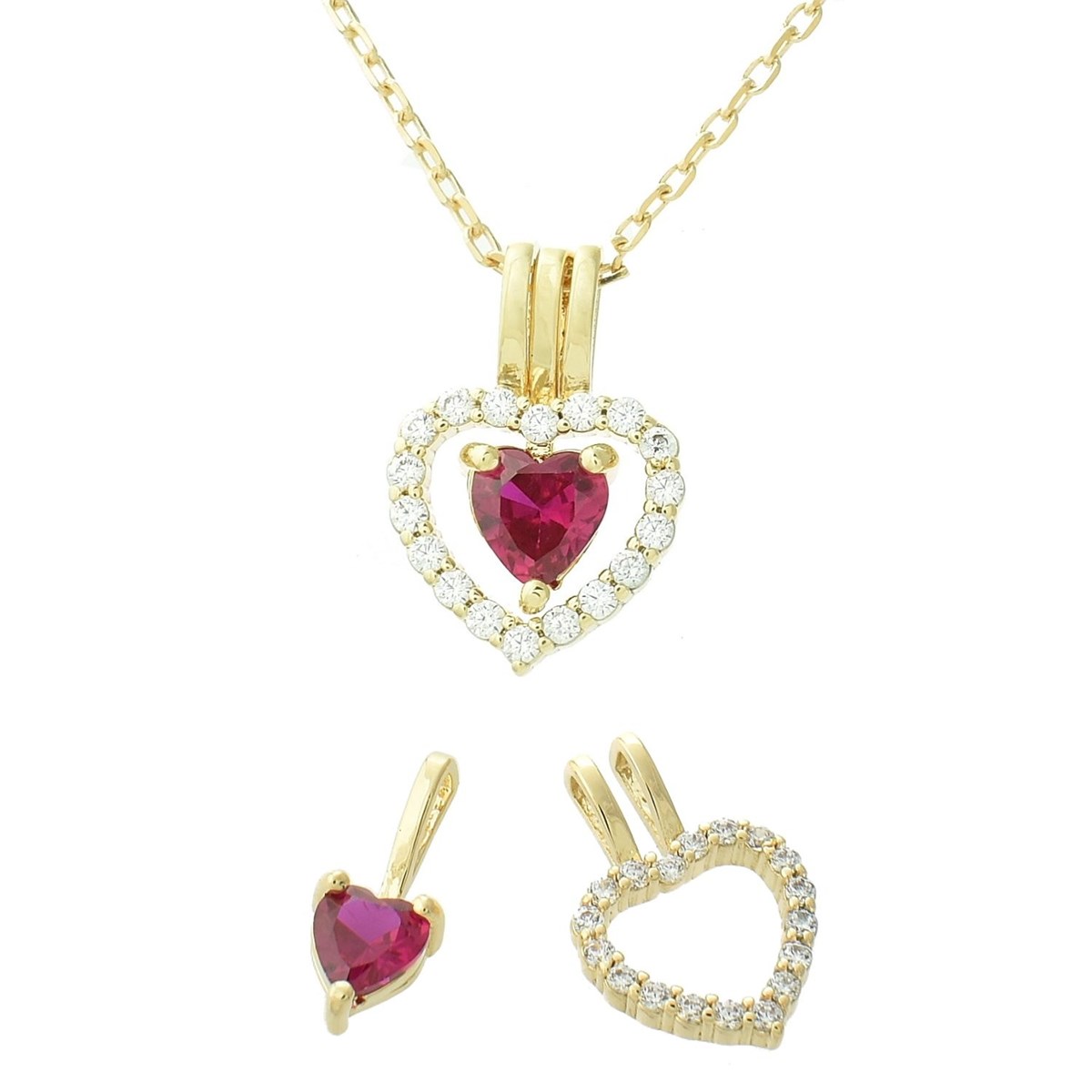 Collier 2 pendentifs 3 styles coeur oxyde de zirconium rose Plaqué OR 750 3 microns