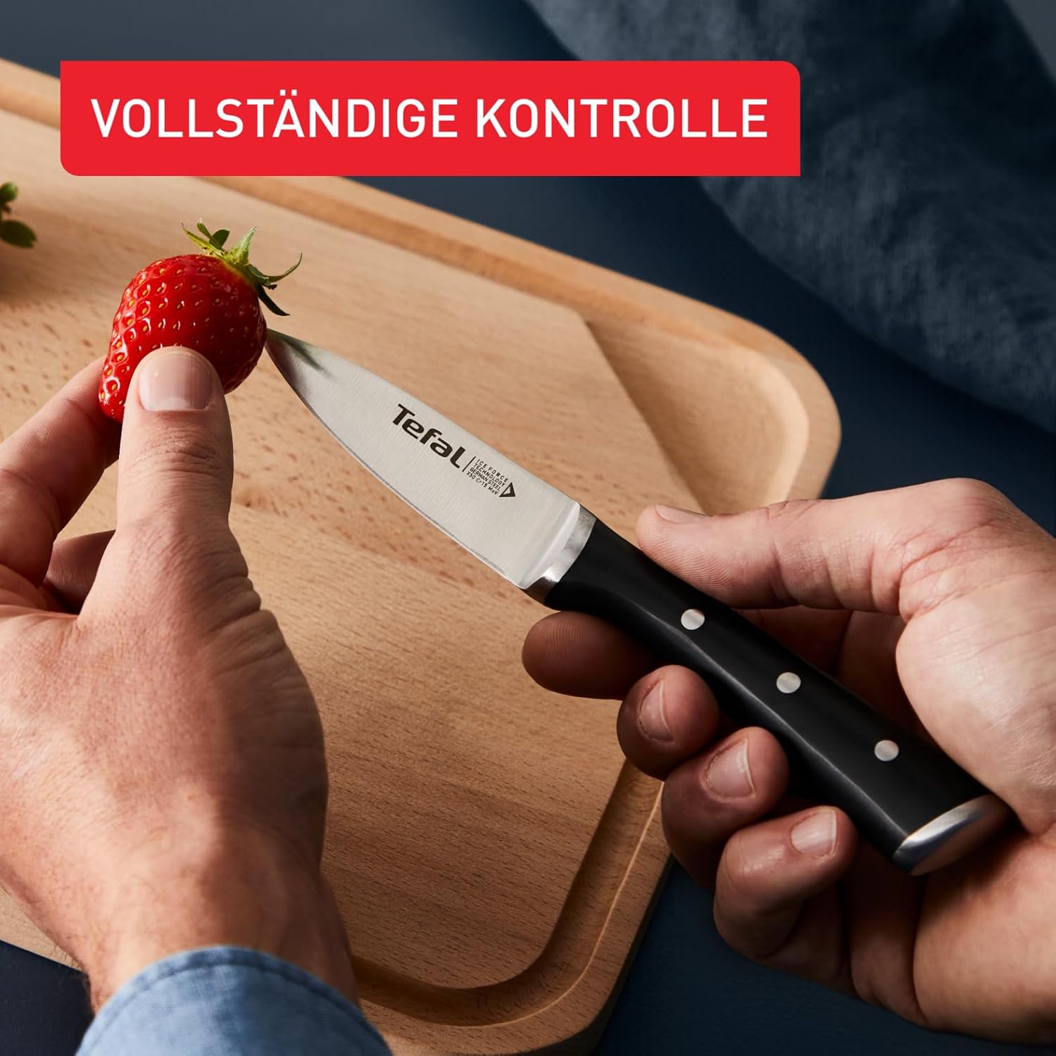 Tefal Ice Force 8-tlg. Messerblock-Set, 6 Messer, 1 Schere, 1 Holz-Messerblock, hochwertiger deutscher Edelstahl, Ice Force Technologie, korrosionsbeständig, schwarz, braun, silber, K232S7