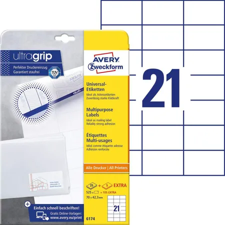 Avery Zweckform 6174 Universal-Etiketten,A4 mit ultragrip,Adressaufkleber 70 x 42,3 mm, 30 Bogen/630 Etiketten, weiß
