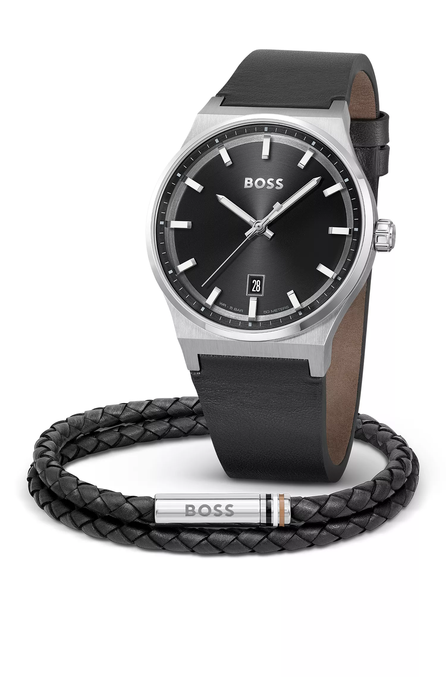 Relógio BOSS Black com mostrador preto e pulseira de couro trançado, em caixa de presente.