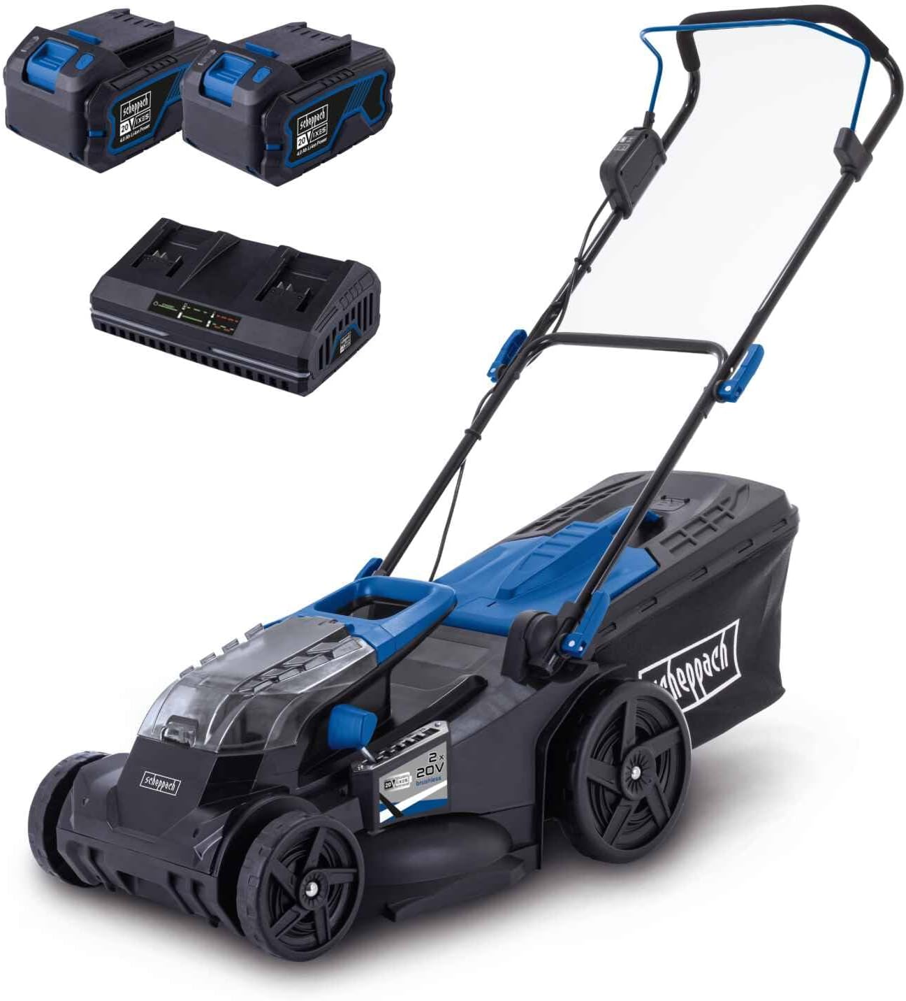 Scheppach Akku-Rasenmäher BC-MP430-X 20V Brushless Akkumäher | 43cm Schnittbreite | für 600-700 m2 | Schnitthöhenverstellung von 25–75mm | 50L Korb | 20V-IXES-Serie | mit 2x 4Ah Akku & Doppelladegerät