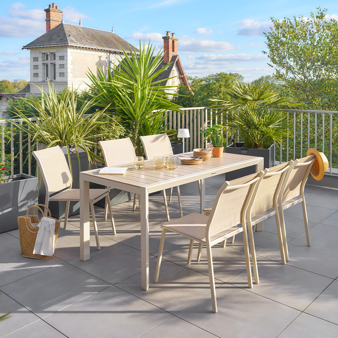 Ensemble table de jardin ÉVASION + 6 chaises empilables ESSENTIA Lin & Argile