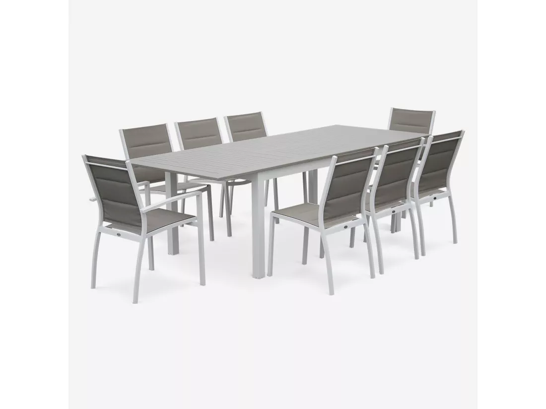 Table de jardin extensible aluminium + 8 assises - Chicago Blanc / Taupe - Table extensible 175/245cm avec rallonge et 8 assises en textilène