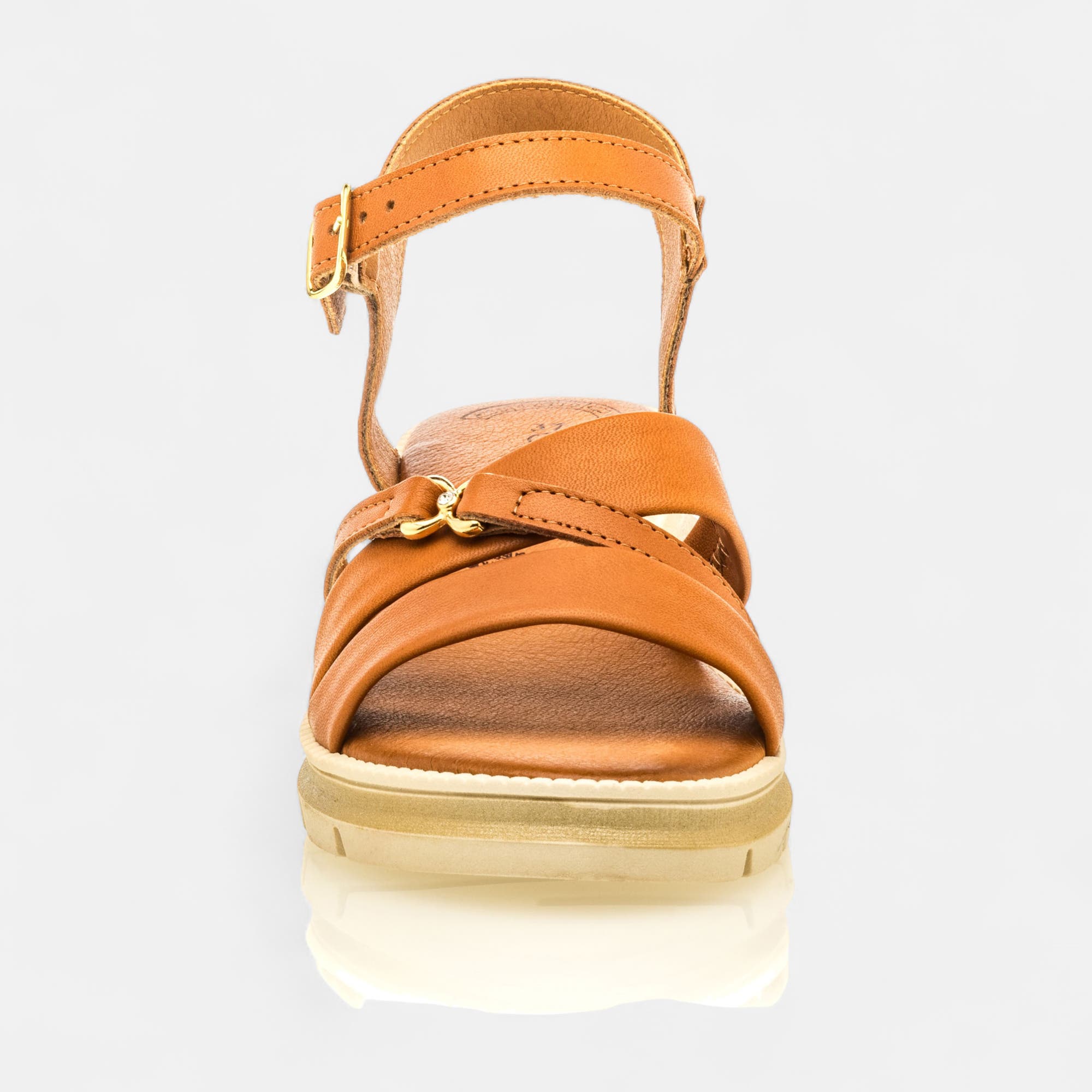Nu-pieds à talon compensé Femme en cuir cognac