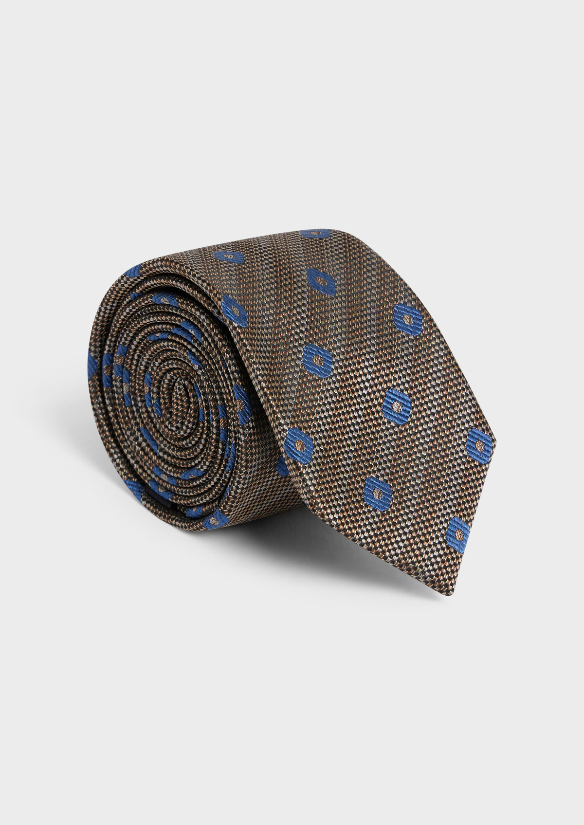 Cravate large en soie mélangée cognac à motifs géométriques bleus