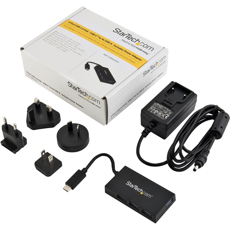 StarTech.com Concentrateur USB-C 4 Ports USB-A (USB 3.0 SuperSpeed 5Gbps) - Concentrateur de Charge Portable USB-C vers USB-A BC 1.2 avec Adaptateur Secteur