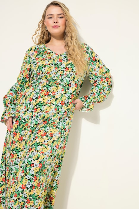 Maxikleid, A-Line, Flower Print, Langarm