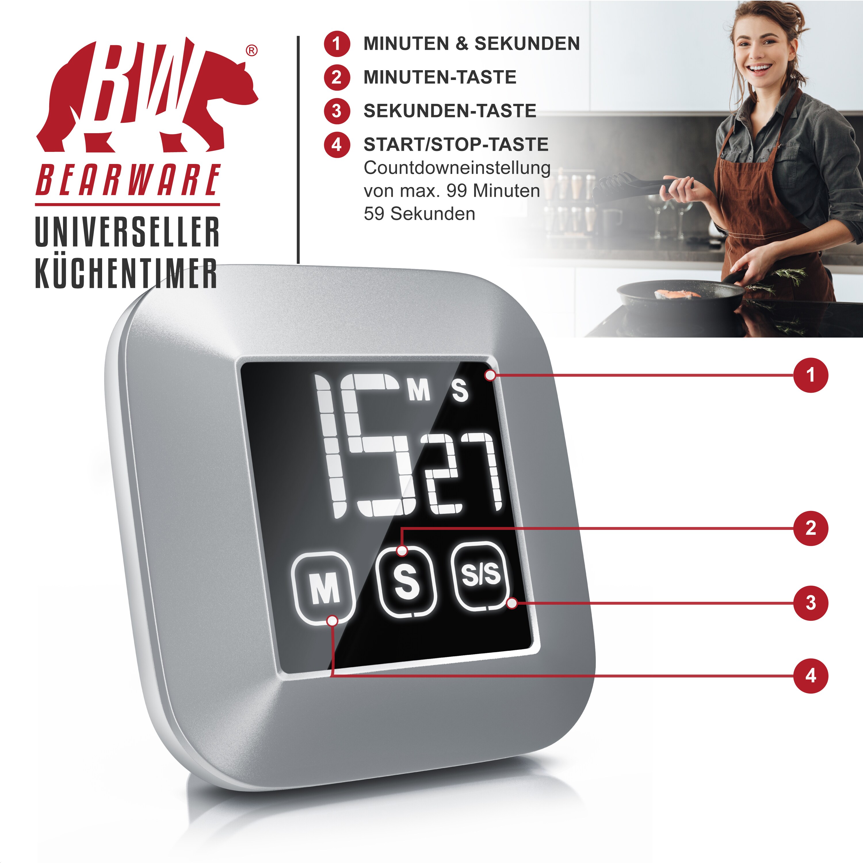 BEARWARE Küchentimer digital - Küchenwecker Eieruhr - digital mit 3 x Touchbutton - LCD Display - Countdown und Countup bis 99 Minuten - Uhrzeit