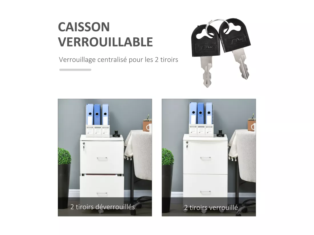 Vinsetto Caisson de bureau rangement bureau sur roulettes 2 tiroirs verrouillables 2 clés fournies MDF panneaux particules blanc