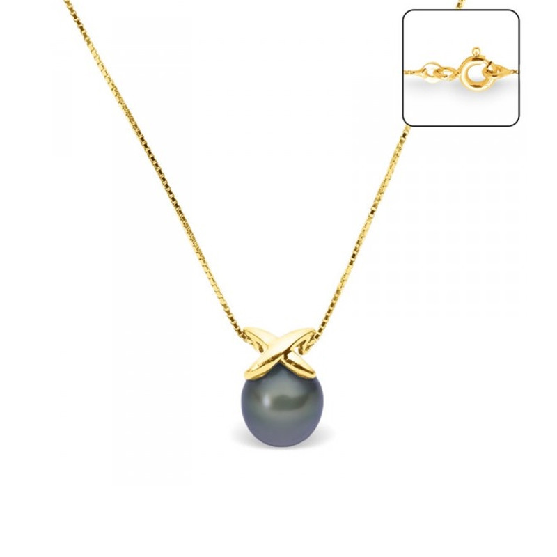 Collier Pendentif Femme en Or Jaune 375/1000 et Perle de Culture Noire