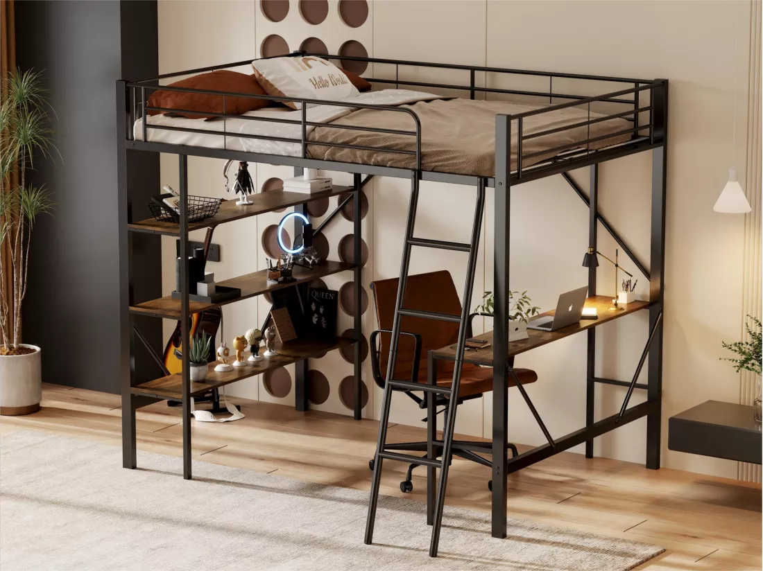 Lit mezzanine avec bureau et trois grandes étagères pour enfants - 90 x 200 cm - métal noir
