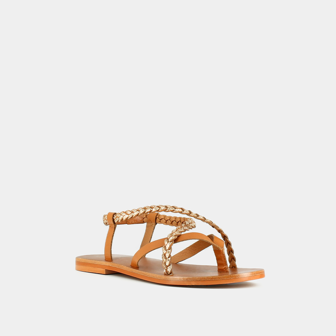 Sandales à brides tressées  en cuir camel et or