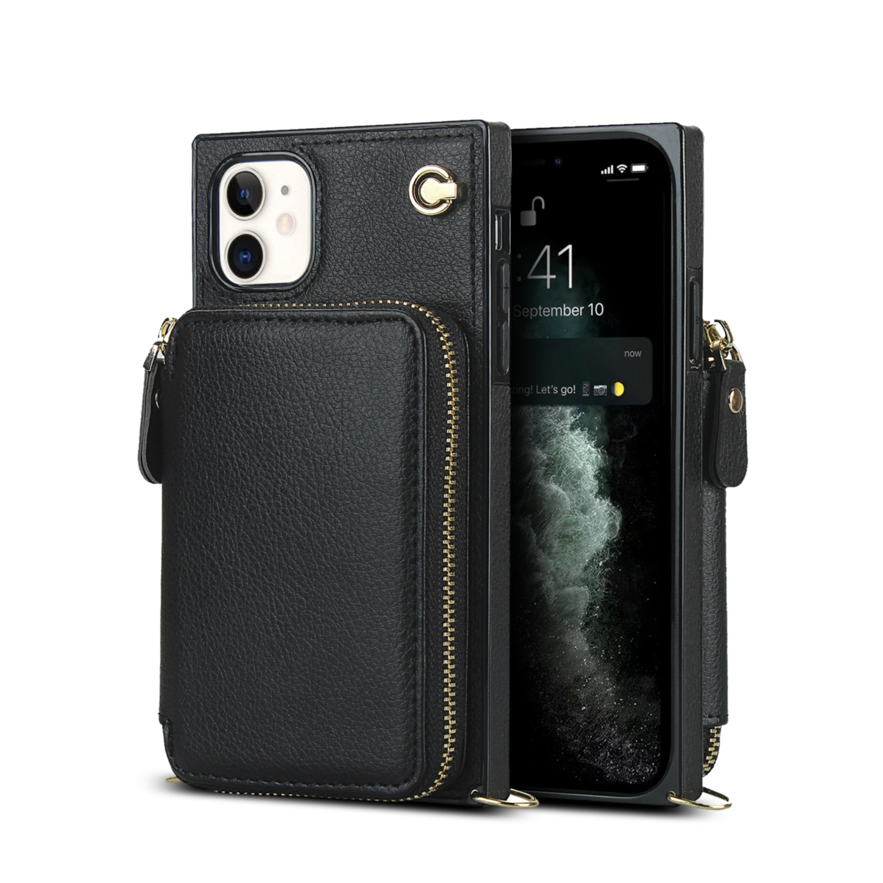 iPhone 11 Necklace Leder Schutz Hülle mit Kartenfächer   Handykette (140cm) - Schwarz
