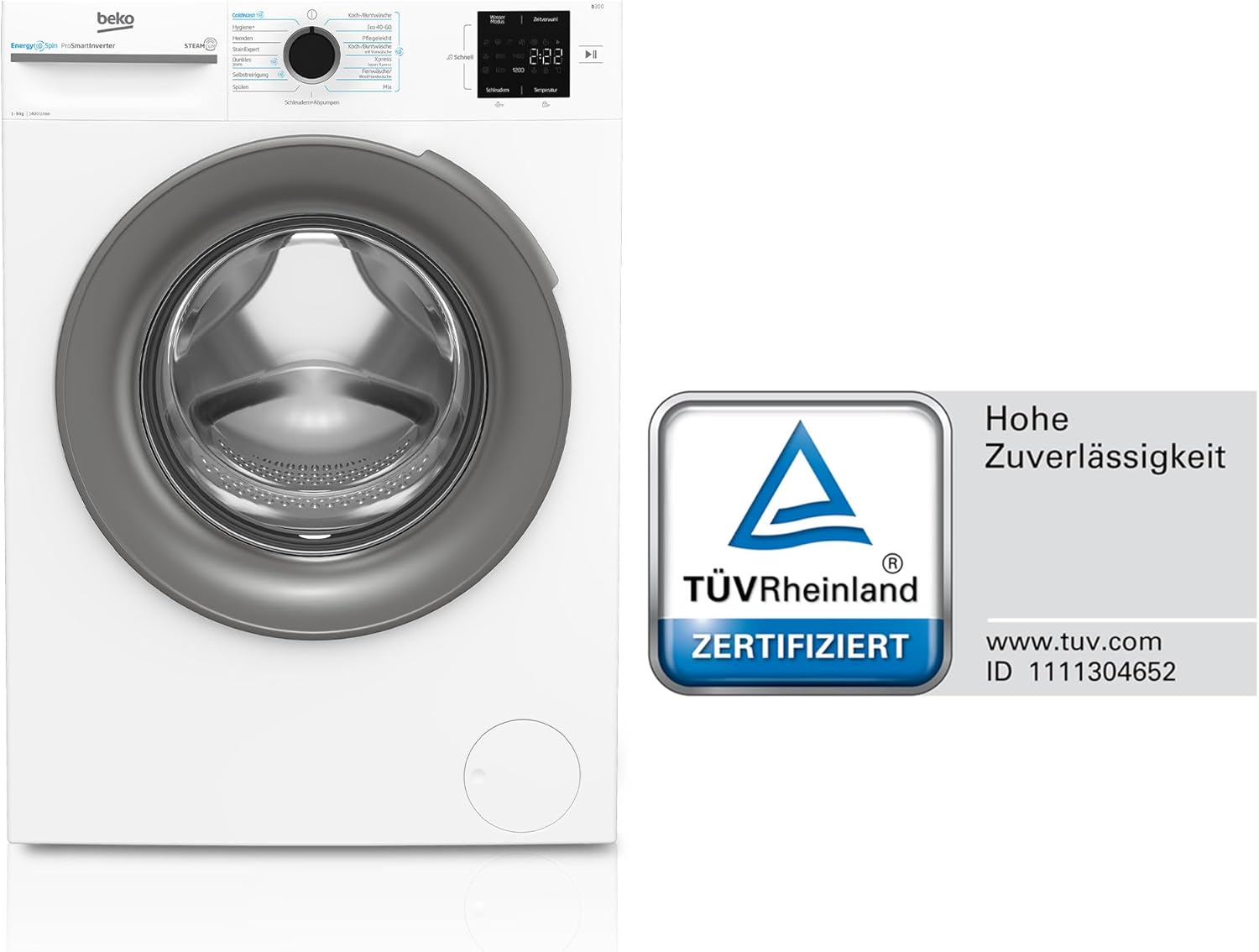 Beko BM3WFU4841W1, Waschmaschine, 8 kg, Frontlader, Waschvollautomat, 1400 U/min, SteamCure Dampffunktion, allergikergeeignet, Weiß