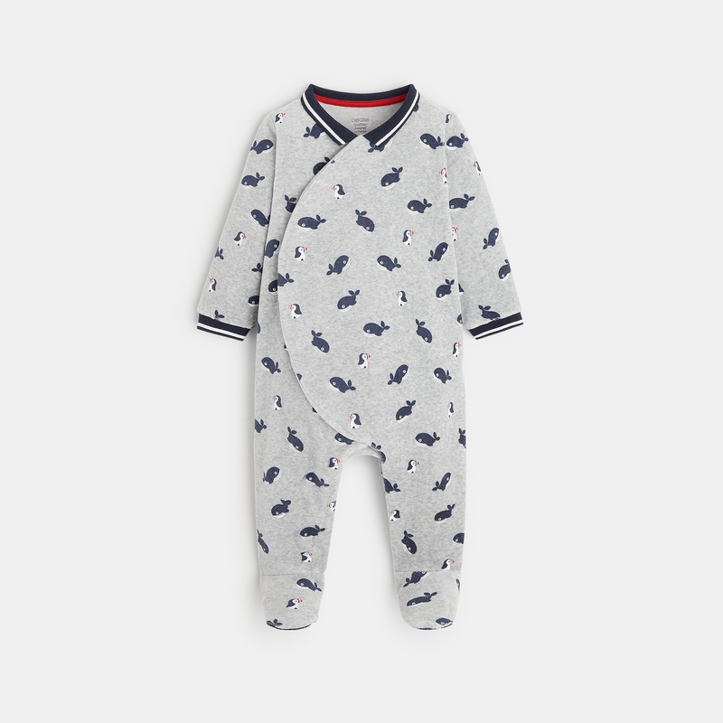 Dors-bien velours baleines et pingouins gris bébé garçon
