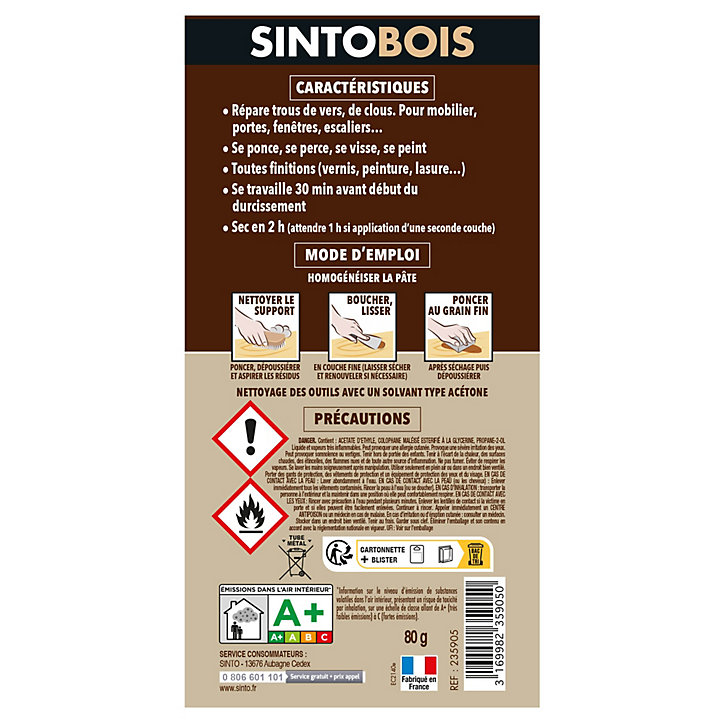 Pâte à bois rebouche fissures et imperfections naturel Sintobois 80g