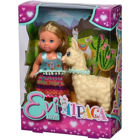 Simba Evi Love Puppe im süßen Outfit mit Alpaka und Leine, 12 cm