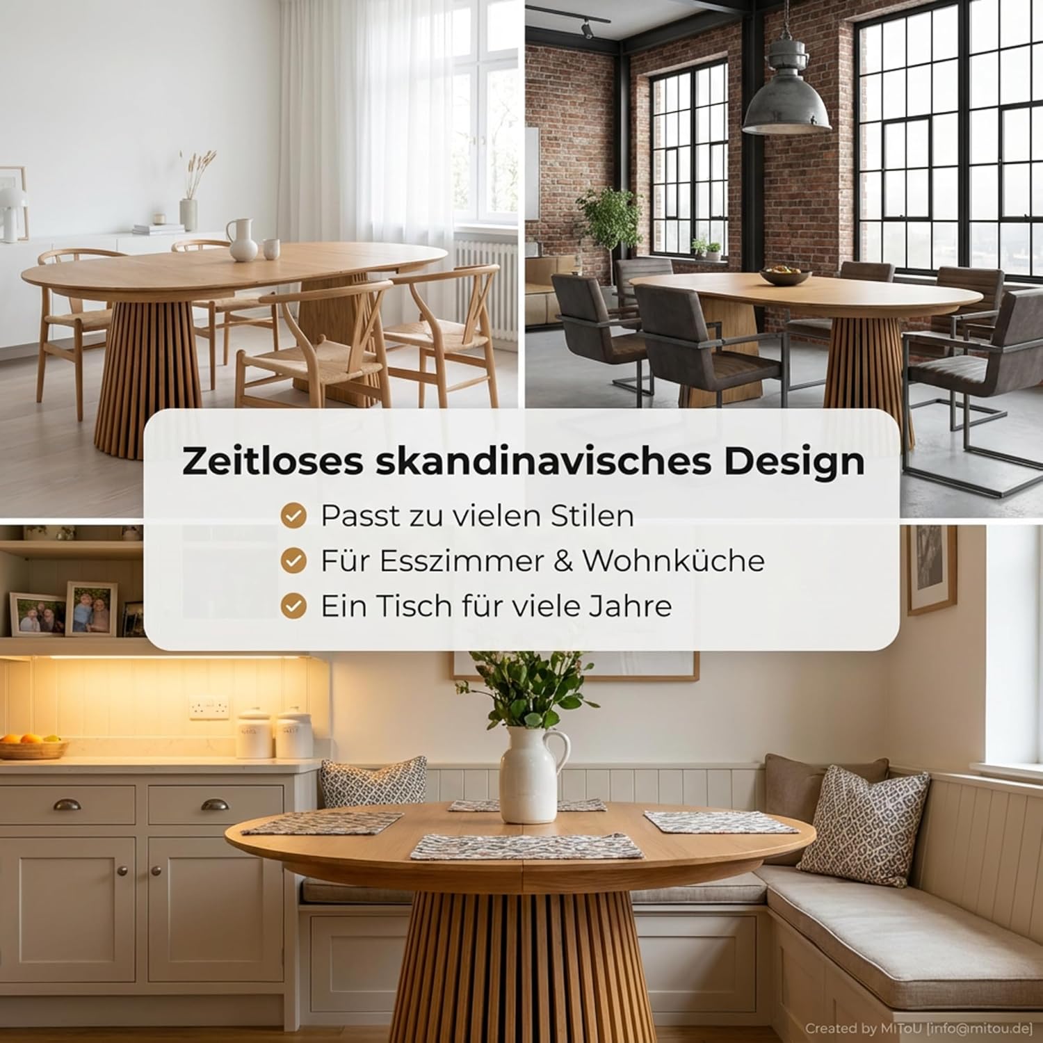 ebuy24 Esstisch Tokyo inkl. 2 Zusatzplatten Ø120x120-160-200cm Eiche Furnier, runder oder ovaler Esstisch für 4-8 Personen (Eiche Natur)