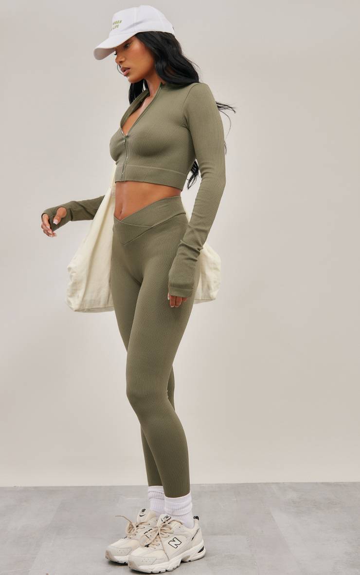 Vert Olive Veste De Sport Courte Sans Couture Avec Détails De Coutures