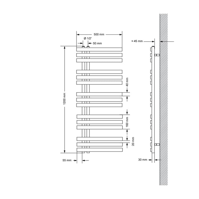 500 x 1200 mm IRON EM DESIGN Radiatortilslutning panelradiatorer 50mm CHROME