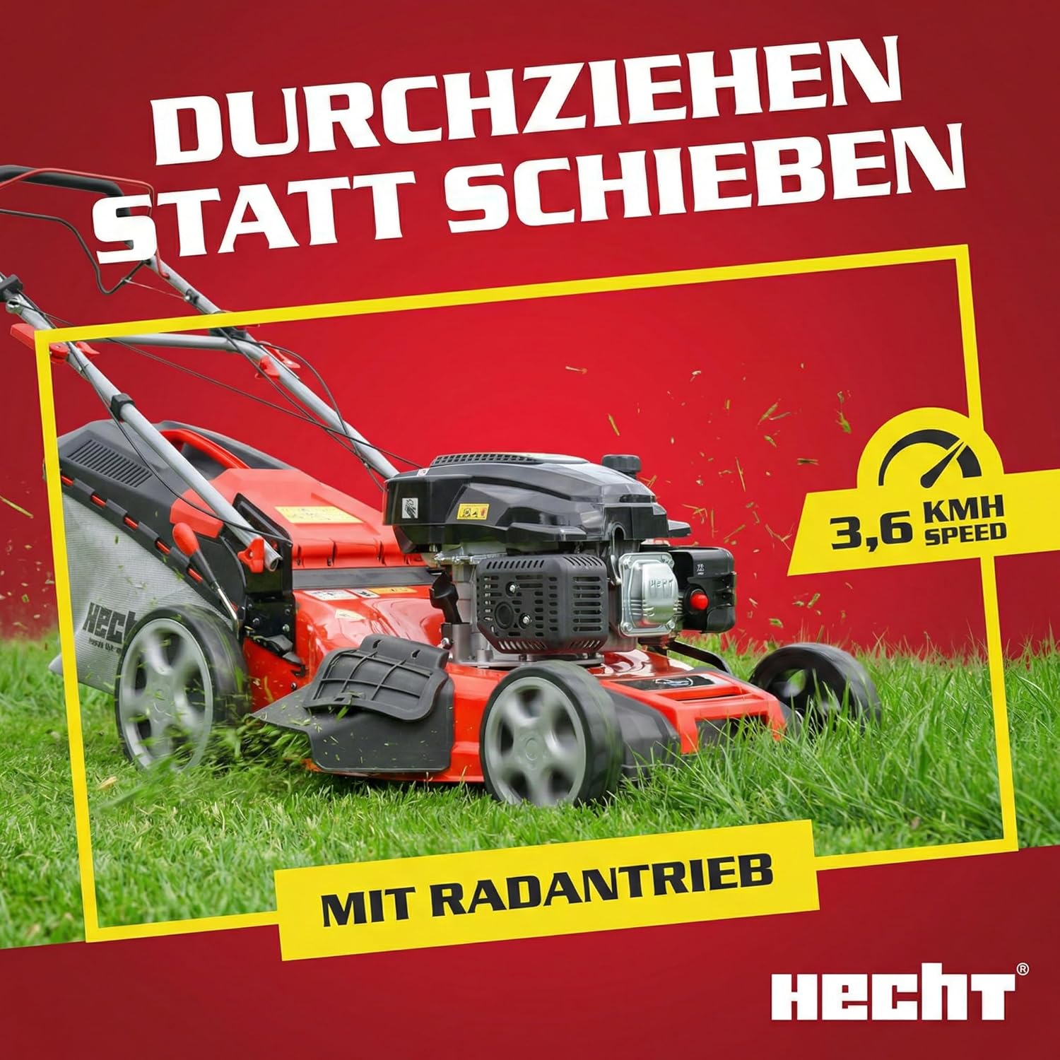 HECHT 5-IN-1 Benzin Rasenmäher – leistungsstarker 4 Takt Eco Motor 4,4 kW (6,0 PS) – Seilzug Starter – mit 53 cm Schnittbreite – 75 l Fangkorb – Radantrieb – patentierte Räder – EasyClean – Mulchmäher