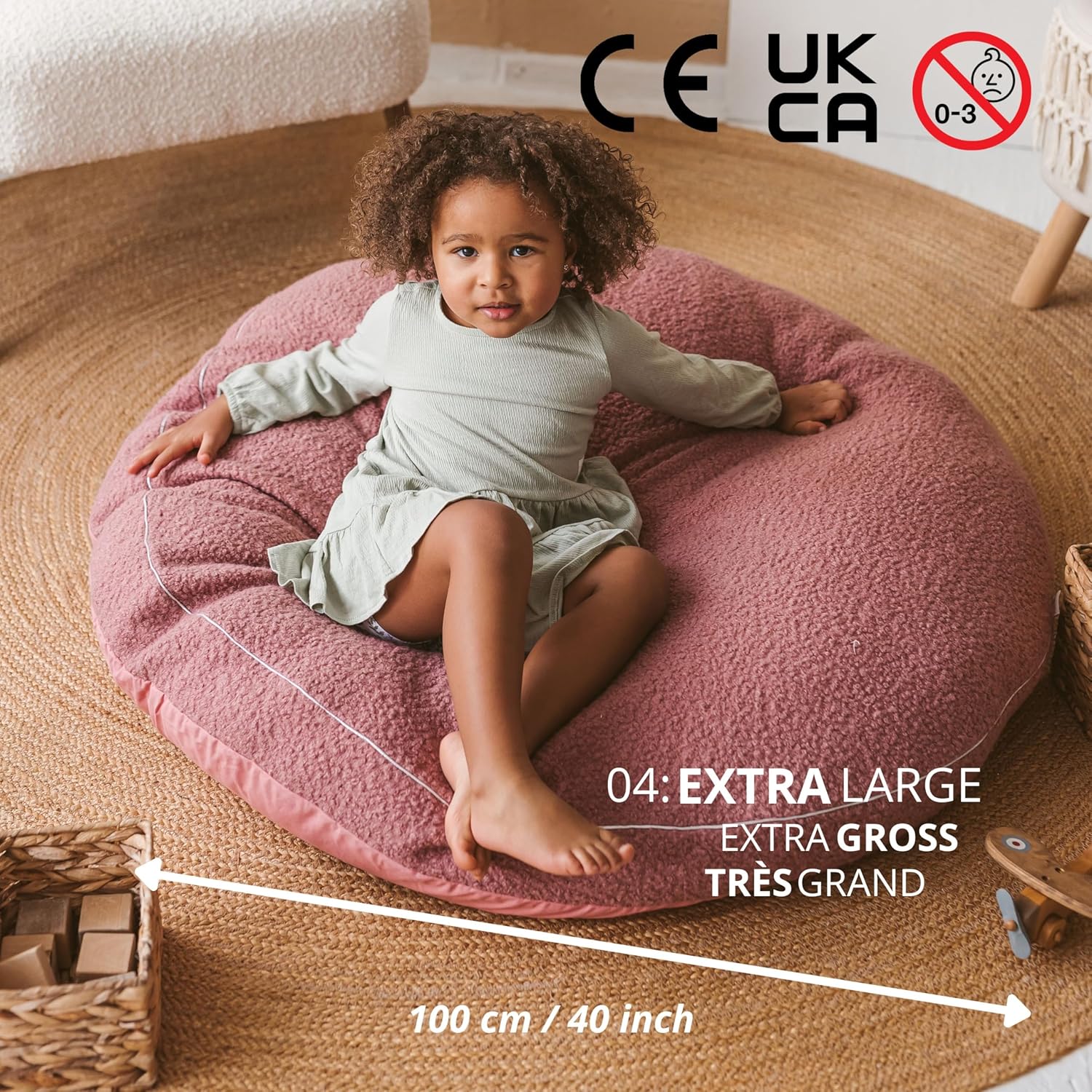MINICAMP Große Bodenkissen für Kinder - Ultra-Flauschiger & waschbarer Kinder-Sitzsack mit Füllung und Bouclé-Sherpa-Bezug - 100 cm breit - Lounger und Lesekissen für Kleinkinder & Jugendliche (Rosa)