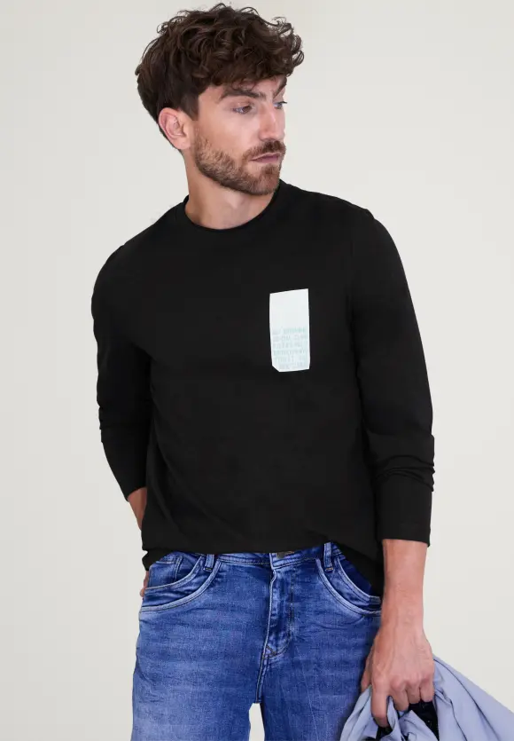 Langarmshirt mit Brustprint - Black