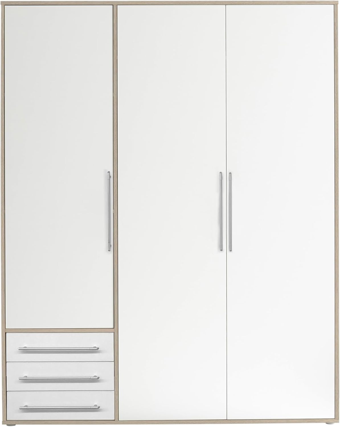 Stella Trading LYSS Kleiderschrank weiß mit Schubladen - Vielseitiger Schlafzimmerschrank 3-türig in Weiß, Eiche San Remo Nachbildung - 155x 194 x 58 cm (B/H/T)
