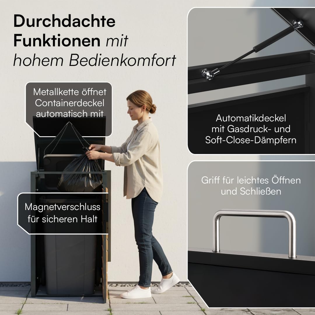STEELSØN Kestra Mülltonnenbox 1er bis 120L – Mülltonnenverkleidung aus Stahl mit Sichtstreifen in Holzoptik – hochwertiger Müllcontainer für 1 Tonne – Müllbox in Anthrazit – Gerätebox wetterfest