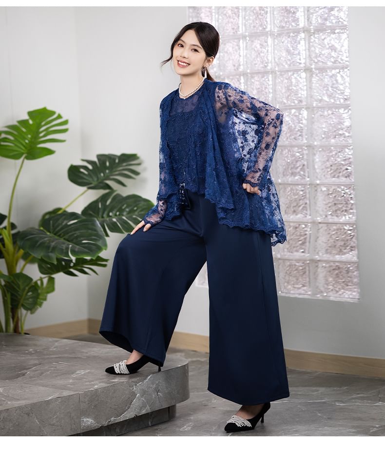Wonhi - Set: Top met lange mouwen en kant + Mouwloze jumpsuit met wijde pijpen