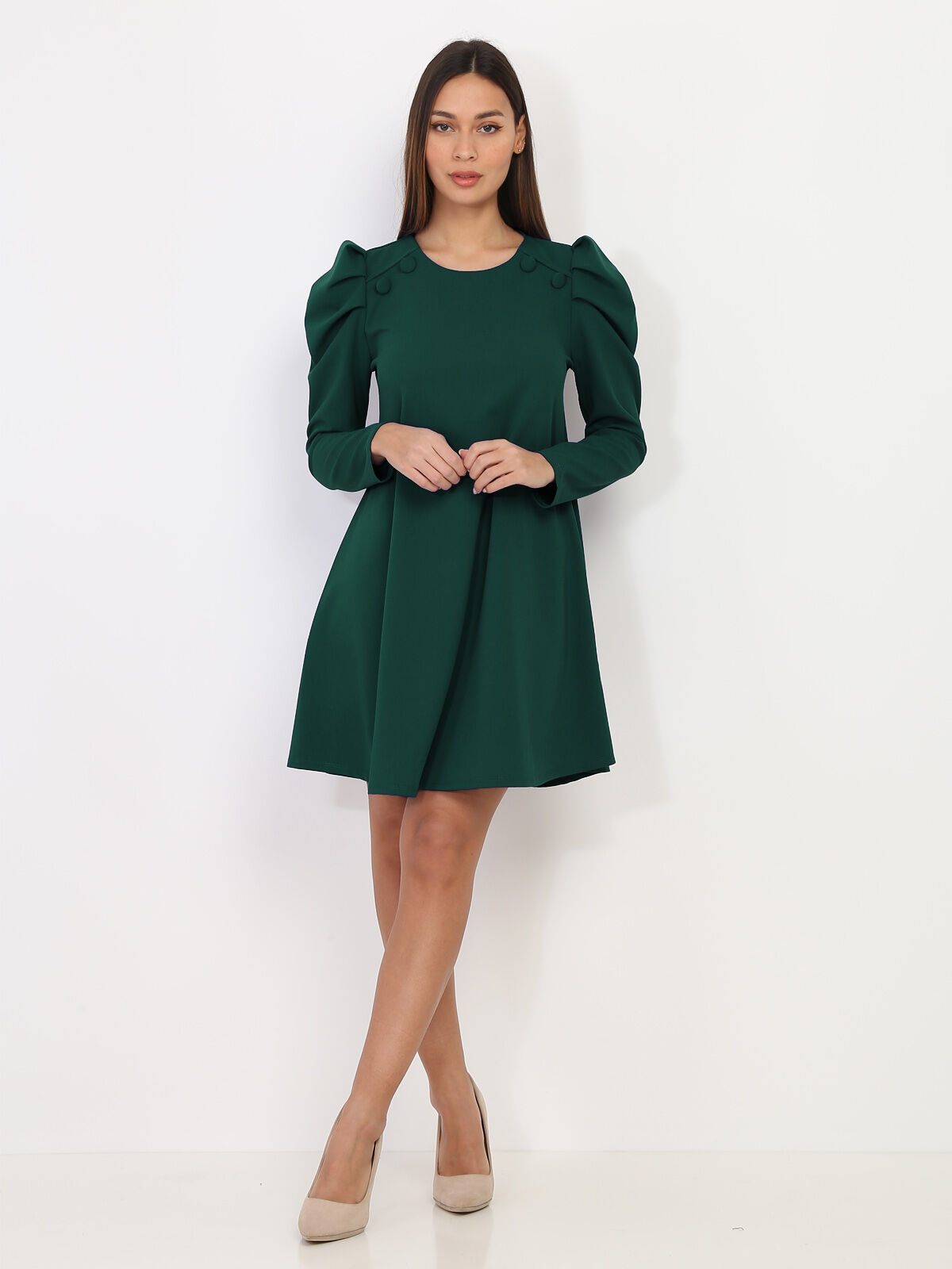 Robe droite à manches gigot- Vert foncé