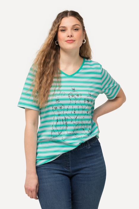 T-Shirt, Ringel, Metallic-Tiermotiv, V-Ausschnitt, Halbarm