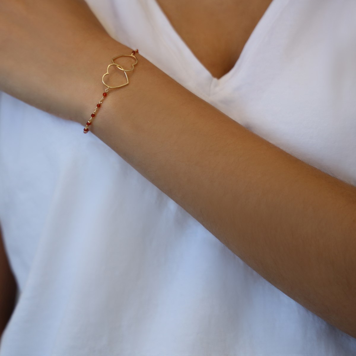 Bracelet Argent Doré Coeur Et Pierre Onyx Rouge