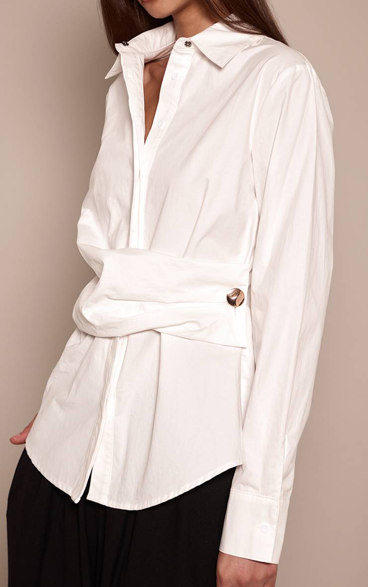 Blanc Chemise Oversize En Coton Avec Détail Drapé Et Finitions Contrastées